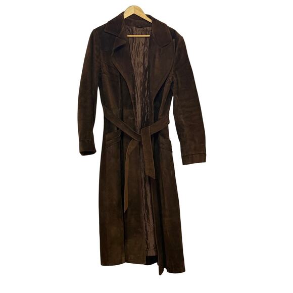 Brown suede leather duster with tie belt - Picture 1 of 6